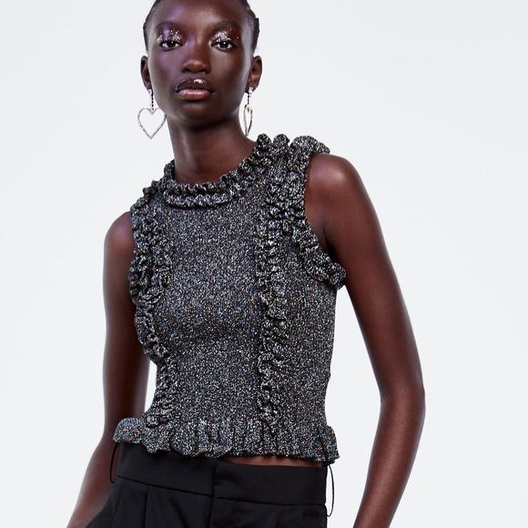 🆕Zara RUFFLED METALLIC THREAD TOP, size M - Picture 2 of 10